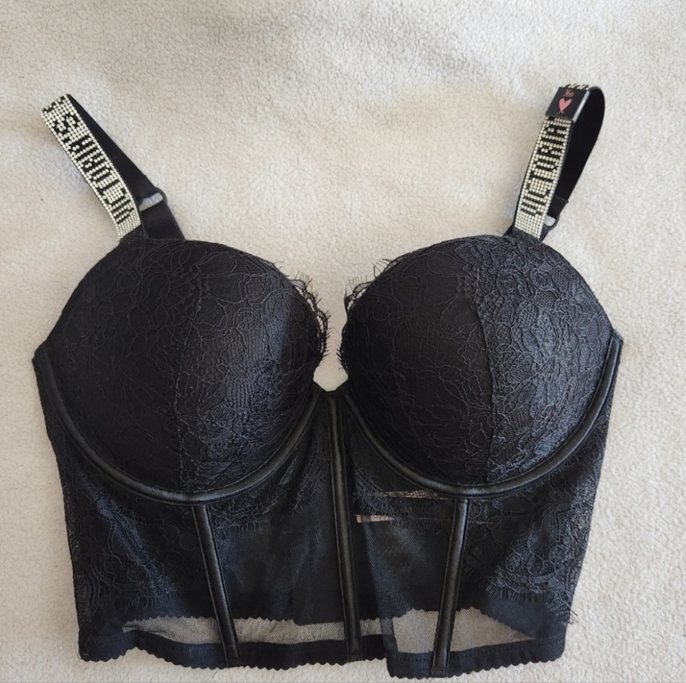 PINK Victoria's Secret Black Bra with Molded Cups and Decorative Straps
